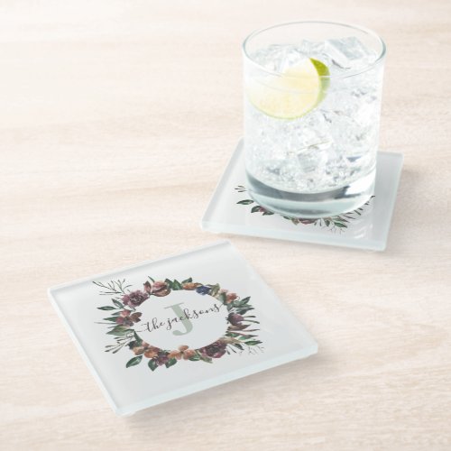 Monogrammed Watercolor Floral Glass Coaster