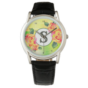 Monogrammed Watercolor Floral Green Flowers Roses Watch