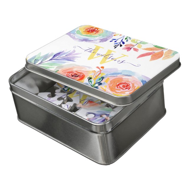 Monogrammed Watercolor Floral Puzzle (Lid Open)