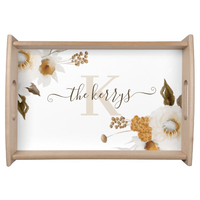 Monogrammed Watercolor Floral Serving Tray (Front)