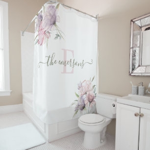 Monogrammed Watercolor Floral Shower Curtain