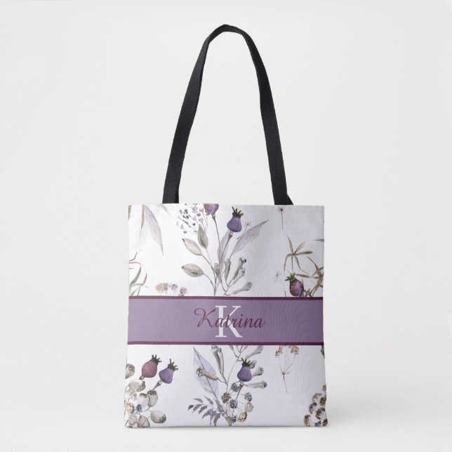 Monogrammed Watercolor Floral Tote Bag (Front)