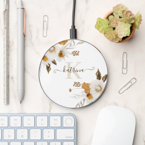 Monogrammed Watercolor Floral Wireless Charger