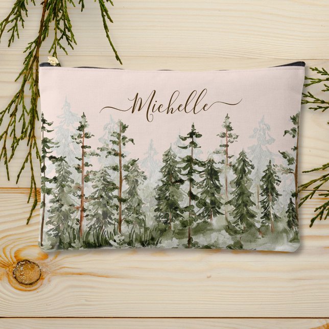 Monogrammed Watercolor Green Forest  Accessory Pouch (In situ, on table)