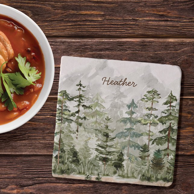 Monogrammed Watercolor Green Pine Forest Mountain Trivet (In situ)