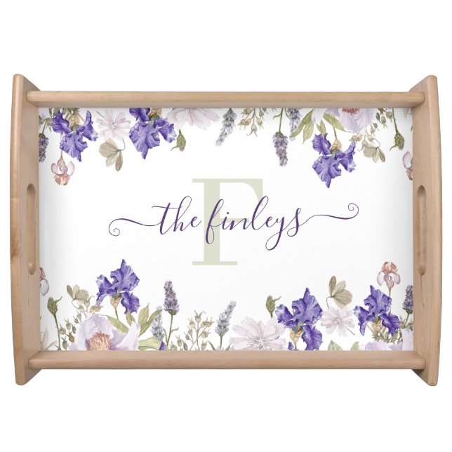 Monogrammed Watercolor Iris Lavender Serving Tray (Front)