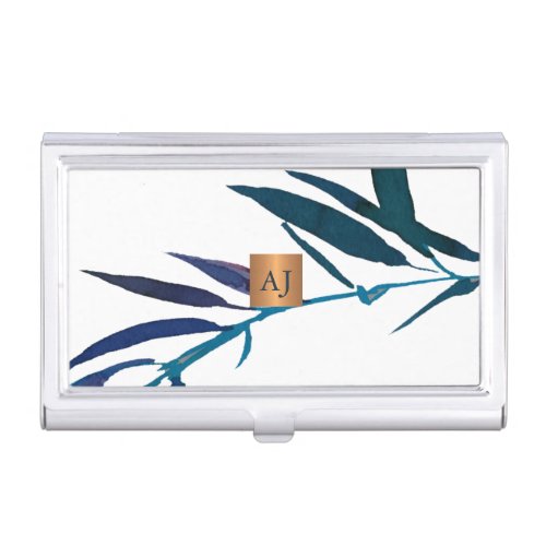 Monogrammed watercolor leaves glam copper square business card holder