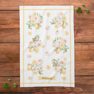 Monogrammed Watercolor Lemons and Flowers Kitchen Towel