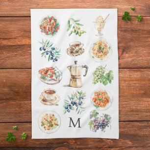 Monogrammed Watercolor Mediterranean foods Kitchen Towel