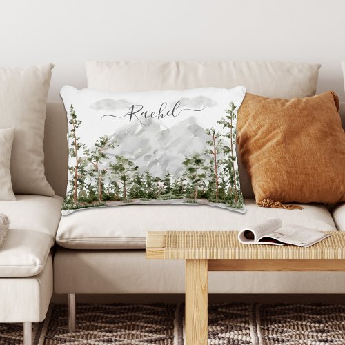 Monogrammed Watercolor Mountain and Forest Accent Pillow