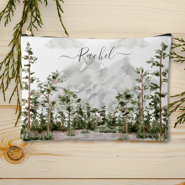 Monogrammed Watercolor Mountain and Forest Accessory Pouch (In situ, on table)