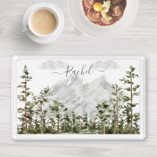 Monogrammed Watercolor Mountain and Forest Acrylic Tray