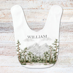Monogrammed Watercolor Mountain and Forest Baby Bib