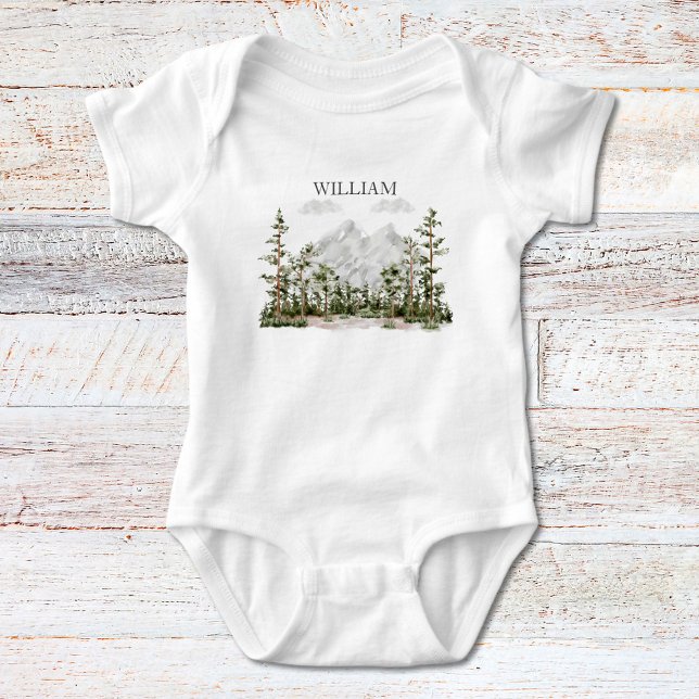 Monogrammed Watercolor Mountain and Forest Baby Bodysuit (Close up)