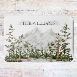 Monogrammed Watercolor Mountain and Forest Bath Mat