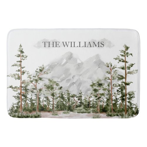 Monogrammed Watercolor Mountain and Forest Bath Mat