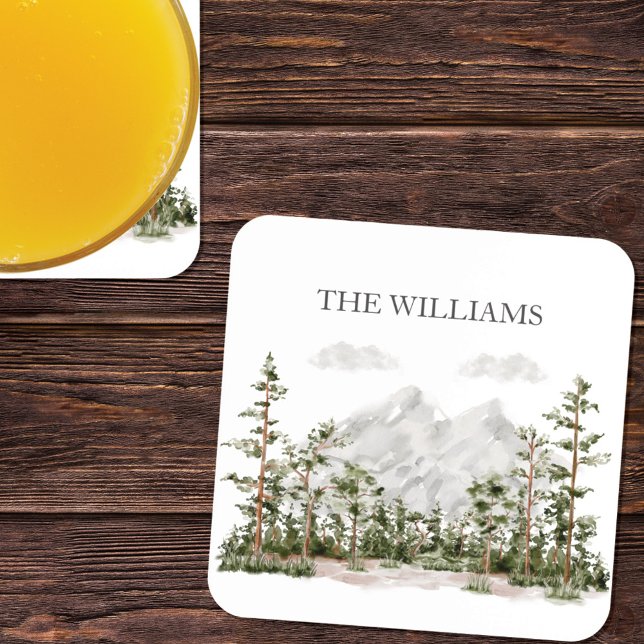 Monogrammed Watercolor Mountain and Forest Beverage Coaster (In situ)