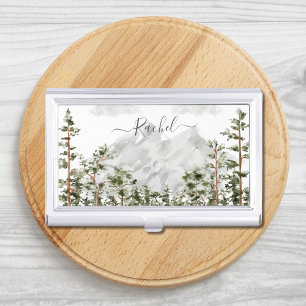 Monogrammed Watercolor Mountain and Forest Business Card Case