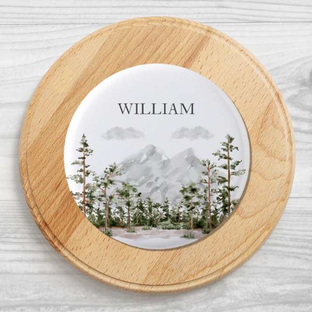 Monogrammed Watercolor Mountain and Forest Button (Close up)