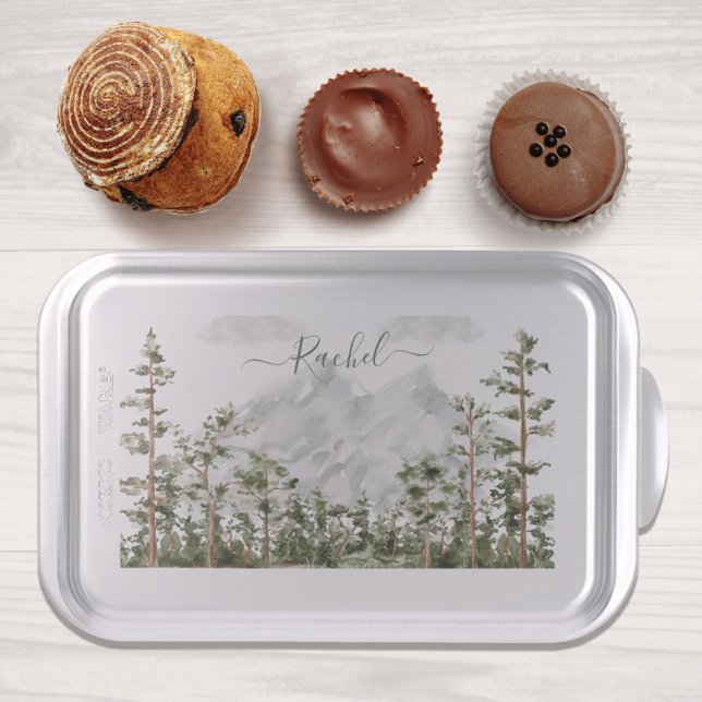 Monogrammed Watercolor Mountain and Forest Cake Pan (In situ kitchen)