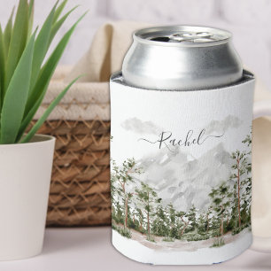Monogrammed Watercolor Mountain and Forest Can Cooler