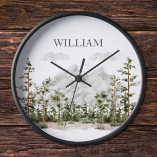 Monogrammed Watercolor Mountain and Forest Clock