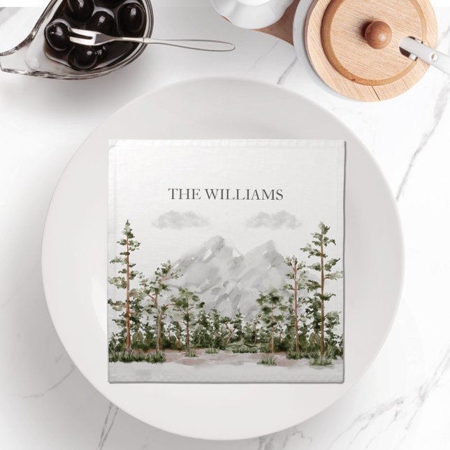 Monogrammed Watercolor Mountain and Forest Cloth Napkin (In situ on plate)