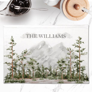 Monogrammed Watercolor Mountain and Forest Cloth Placemat