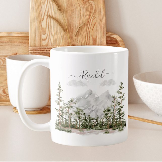 Monogrammed Watercolor Mountain and Forest Coffee Mug (In situ kitchen)