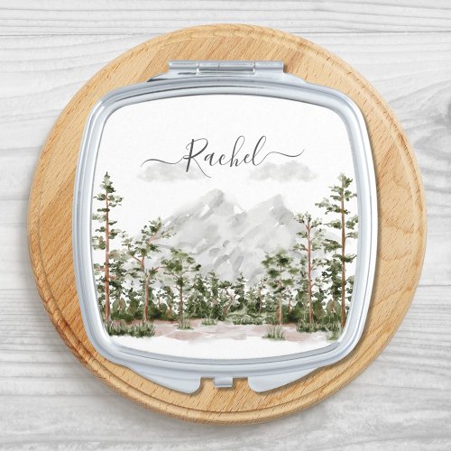 Monogrammed Watercolor Mountain and Forest Compact Mirror