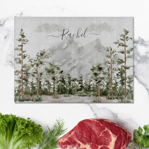 Monogrammed Watercolor Mountain and Forest Cutting Board