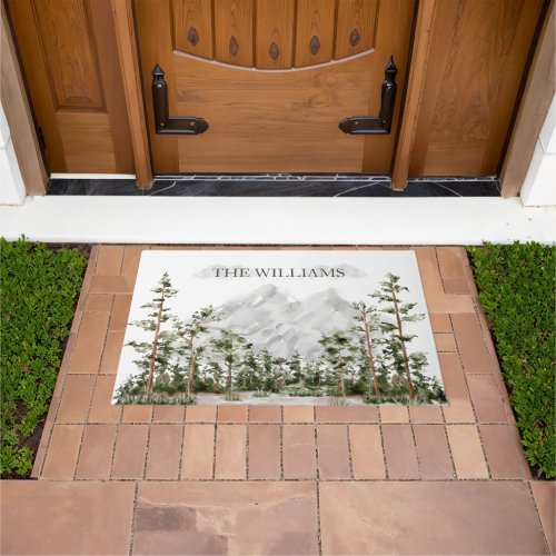 Monogrammed Watercolor Mountain and Forest Doormat