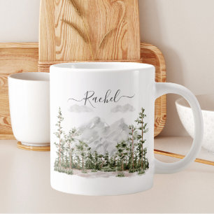 Monogrammed Watercolor Mountain and Forest Giant Coffee Mug