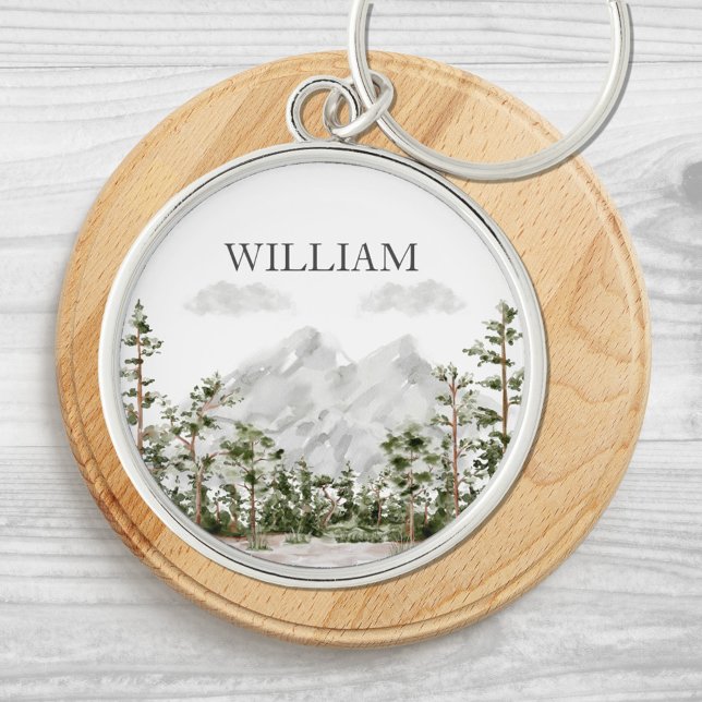 Monogrammed Watercolor Mountain and Forest Keychain (Close up)