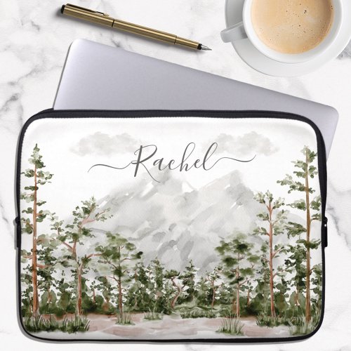 Monogrammed Watercolor Mountain and Forest Laptop Sleeve