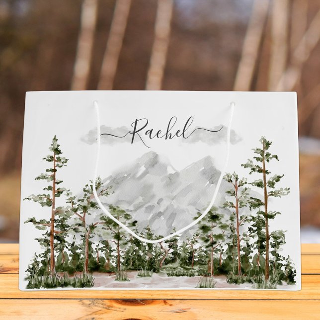 Monogrammed Watercolor Mountain and Forest Large Gift Bag (In situ)