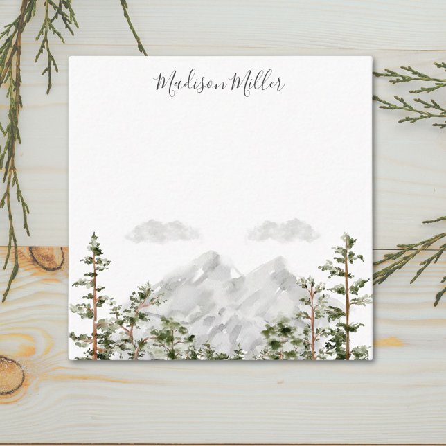 Monogrammed Watercolor Mountain and Forest Note Card (Close up)