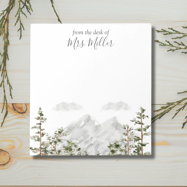 Monogrammed Watercolor Mountain and Forest Notepad (Close up)