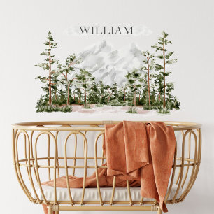 Monogrammed Watercolor Mountain and Forest Nursery Wall Decal