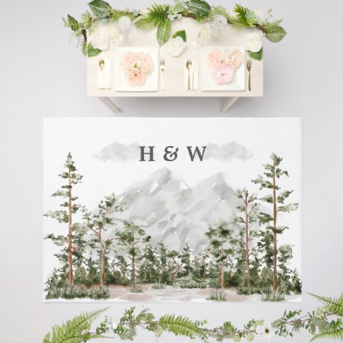 Monogrammed Watercolor Mountain and Forest Outdoor Rug