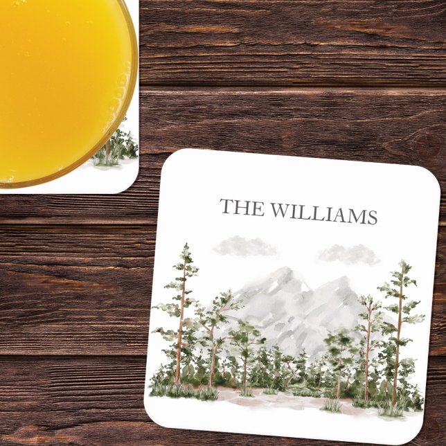 Monogrammed Watercolor Mountain and Forest Square Paper Coaster (In situ)