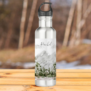 Monogrammed Watercolor Mountain and Forest Stainless Steel Water Bottle