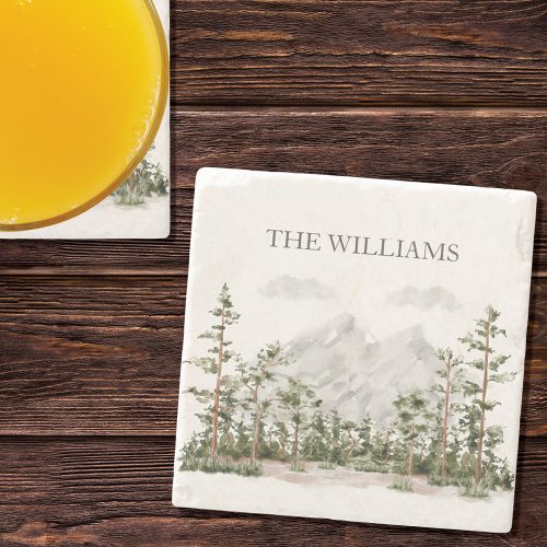 Monogrammed Watercolor Mountain and Forest Stone Coaster