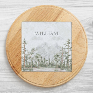 Monogrammed Watercolor Mountain and Forest Stone Magnet