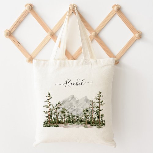 Monogrammed Watercolor Mountain and Forest Tote Bag