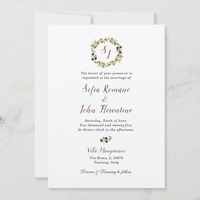 Monogrammed Watercolor Olive wreath Wedding Invitation (Front)