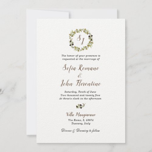 Monogrammed Watercolor Olive wreath Wedding Invitation