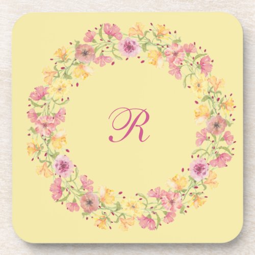 Monogrammed Watercolor Pastel Floral Wreath Beverage Coaster