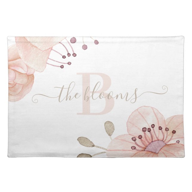 Monogrammed Watercolor Peach Floral Placemat (Front)