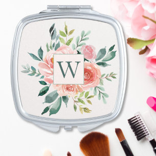 Monogrammed Watercolor Pink Rose and Peony Flowers Compact Mirror